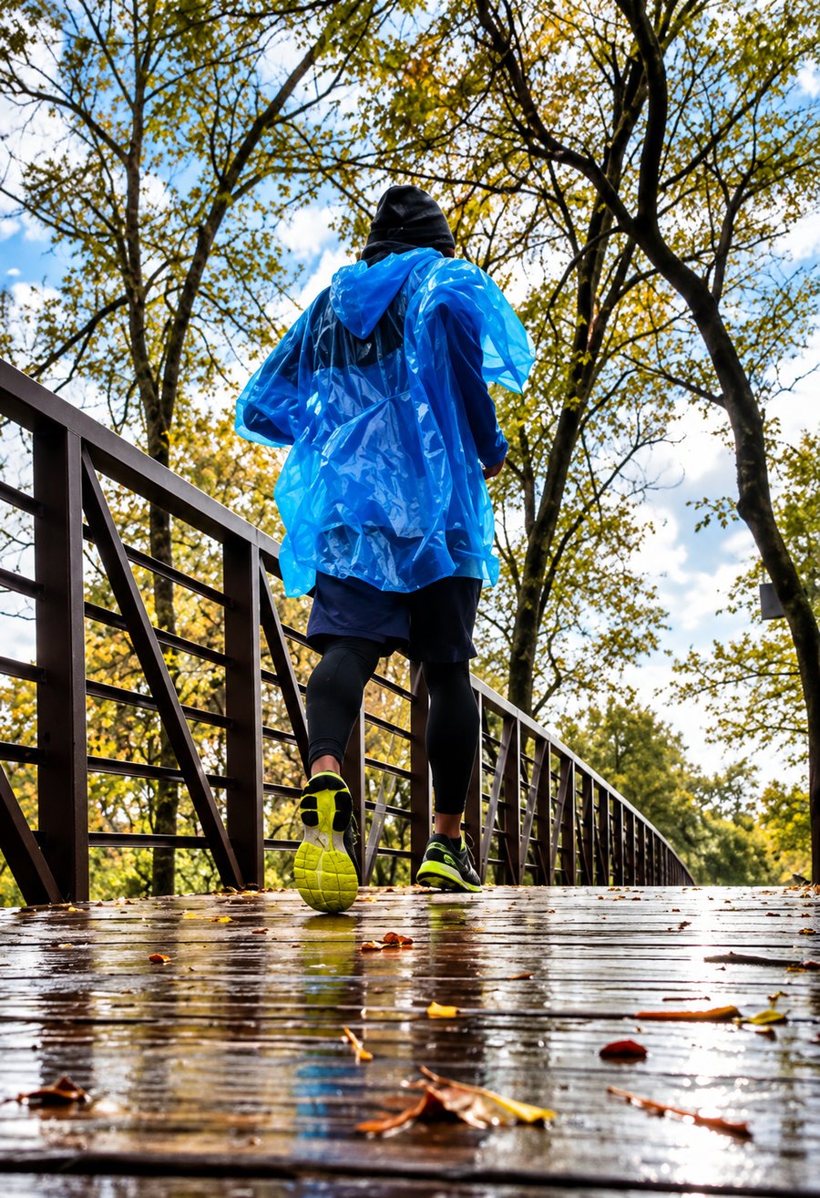 Runner in a blue rain poncho crossing a wet wooden footbridge under autumn trees
